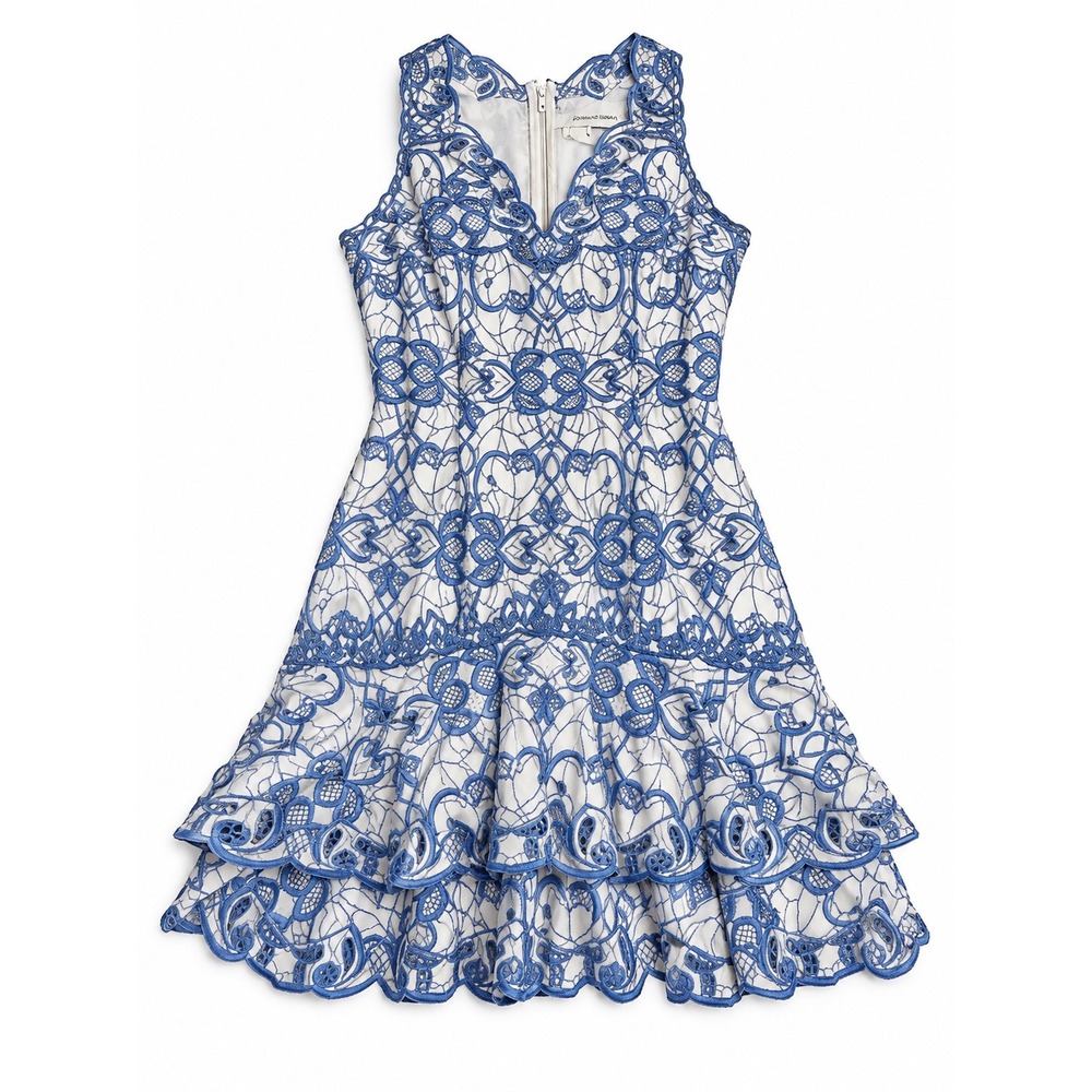 Jonathan Simkhai Blue White Embroidered Lace Tiered Mini Dress Size 2 Cotton